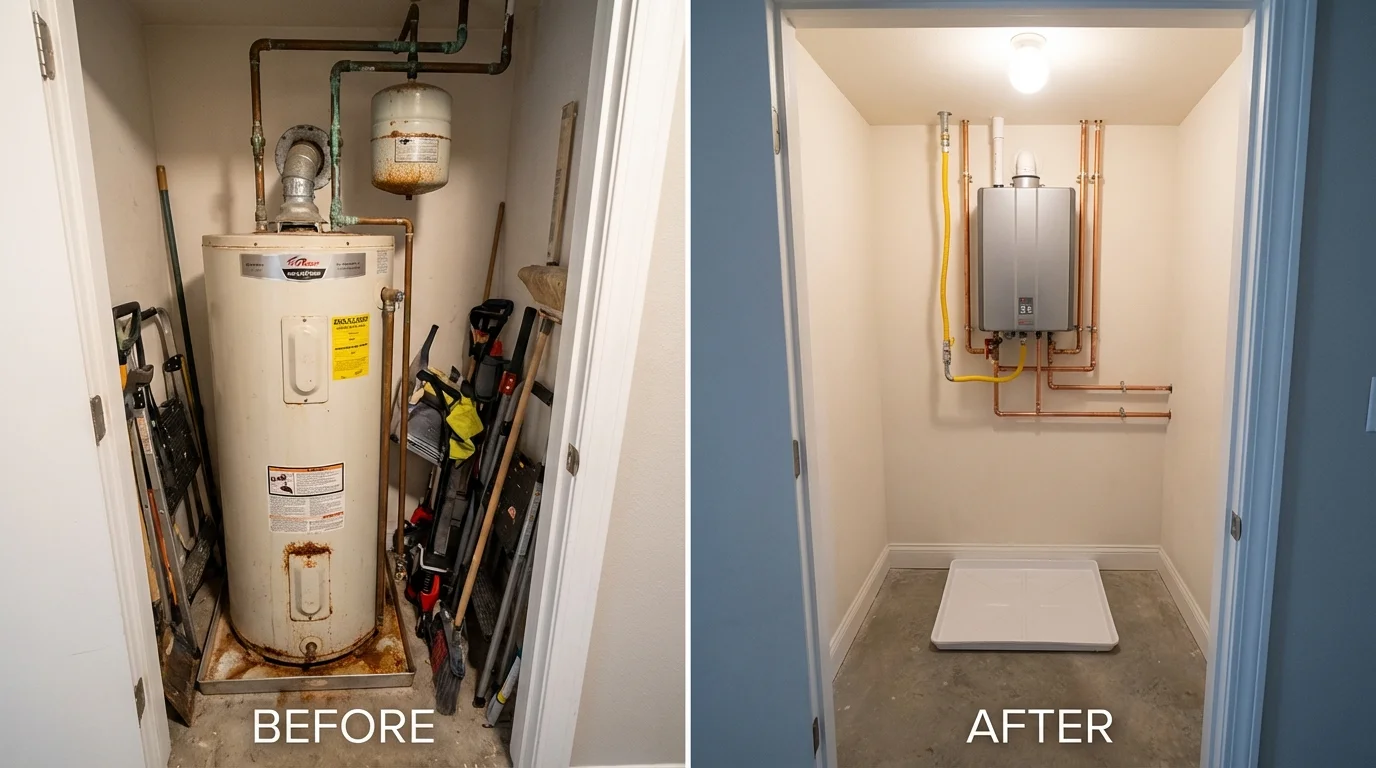 Tank water heater versus wall-mounted tankless unit comparison for Kearney, NE homeowners